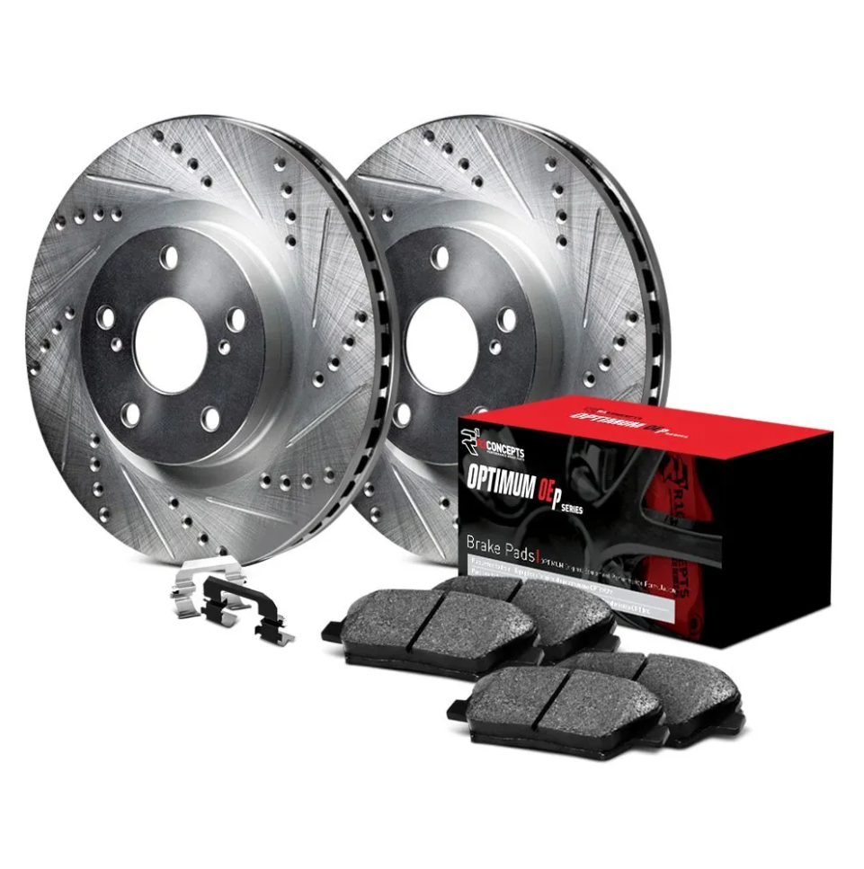 R1 Concepts Front/Rear Brake Kit Optimum OEp Brake Pads and Silver Drilled & Slotted Rotors & Hardware Kit - 2008 - 2020 Infiniti G37 / Q60 - Nissan 350Z, 370Z (Akebono ONLY)