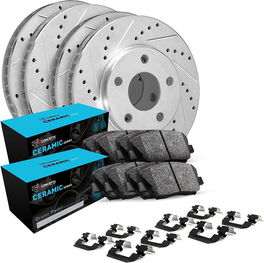 R1 Concepts Front/Rear Brake Kit Ceramic Brake Pads and Silver Drilled & Slotted Rotors & Hardware Kit - 2003 - 2008 Nissan 350 / Infiniti G35 (Non-Brembo)