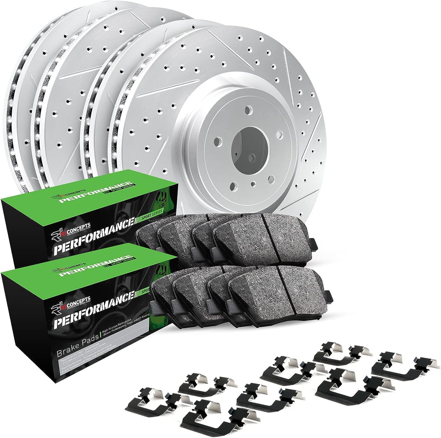 R1 Concepts Front/Rear Brake Kit Performance Sport Brake Pads and GEO-Carbon Drilled & Slotted Rotors & Hardware Kit - 2003- 2008 Nissan 350z / Infiniti G35 (Brembo Only)