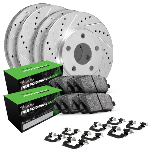 R1 Concepts Front/Rear Brake Kit Performance Sport Brake Pads and Silver Drilled & Slotted Rotors & Hardware Kit - 2006 - 2015 Mazda Miata MX-5