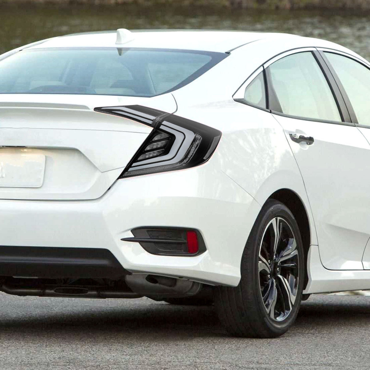 Spec-D Tuning - 2016-2021 Honda Civic Sedan - White LED Tail Lights w/ Sequential Signal Lamps (Matte Black Housing/Clear Lens)