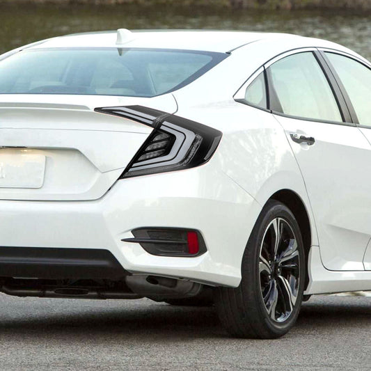 Spec-D Tuning - 2016-2021 Honda Civic Sedan - White LED Tail Lights w/ Sequential Signal Lamps (Matte Black Housing/Clear Lens)